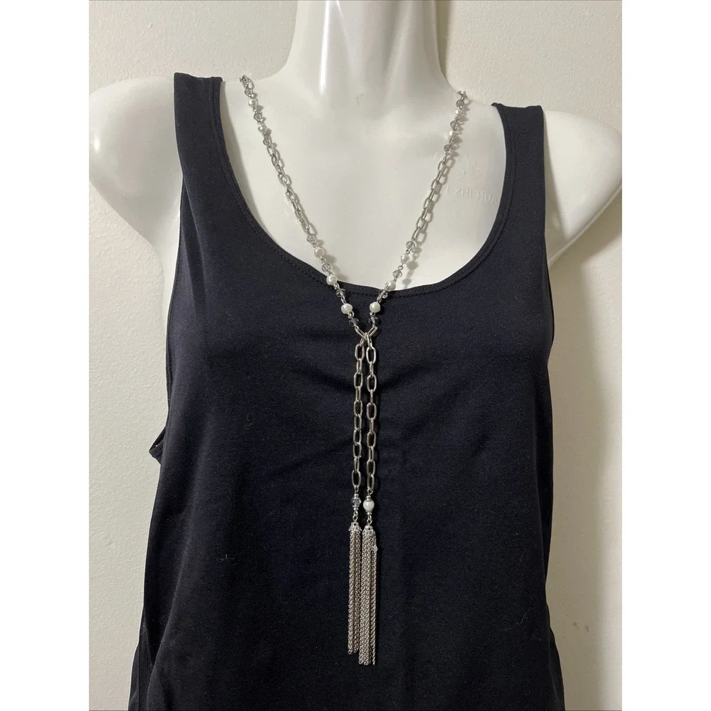 Premier Designs Pearlfection Elongated Silver Tone Chain Faux Pearls Tassels